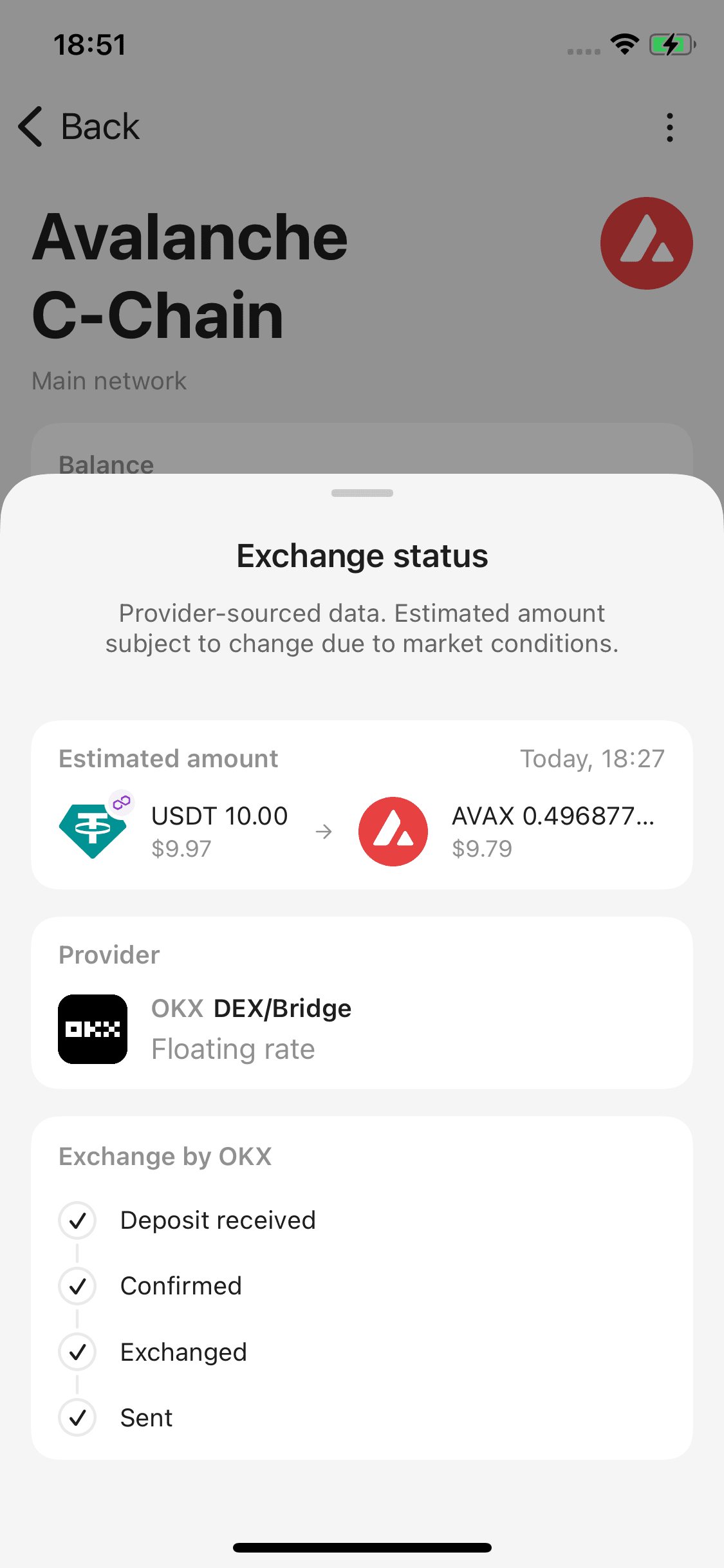 Tangem Wallet에서 OKX DEX:Bridge 완료 화면