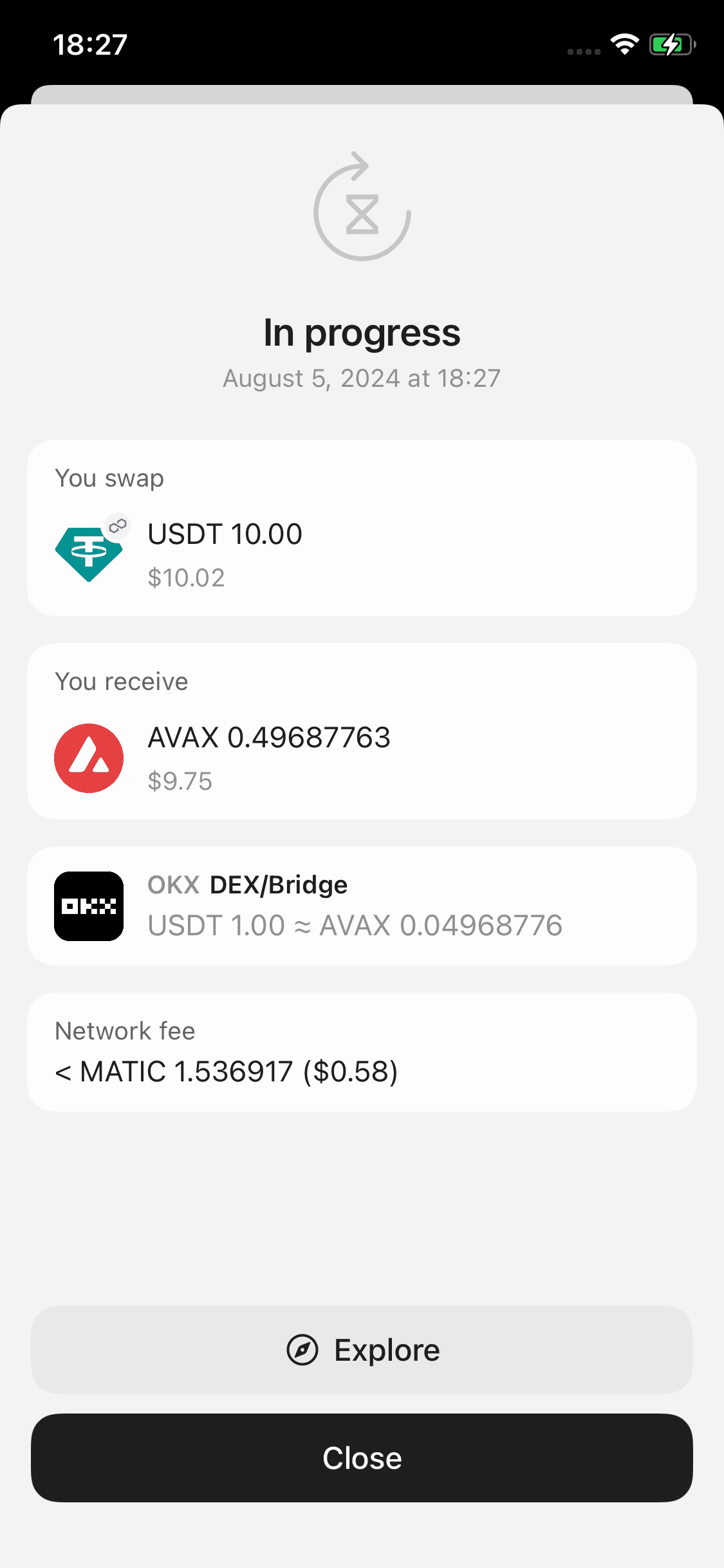 Tangem Wallet에서 OKX DEX:Bridge 종료 화면