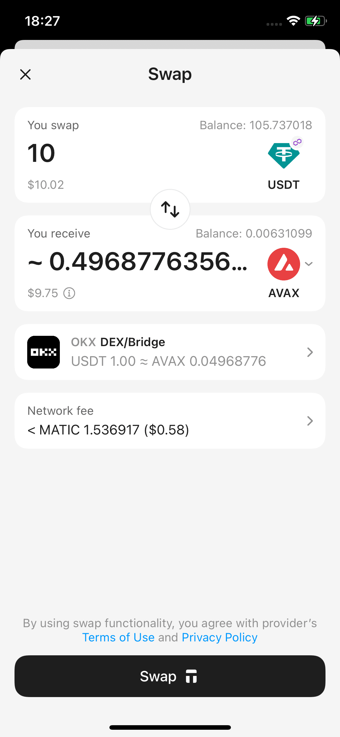 Tangem Wallet에서 OKX DEX:Bridge 스왑 실행 화면
